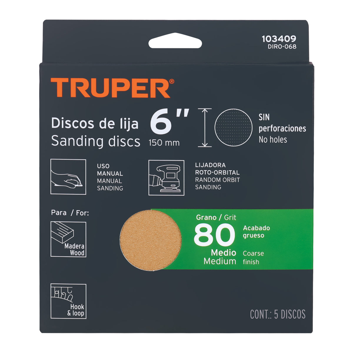 Paquete c/5 discos de lija 6" grano 80 ciegos