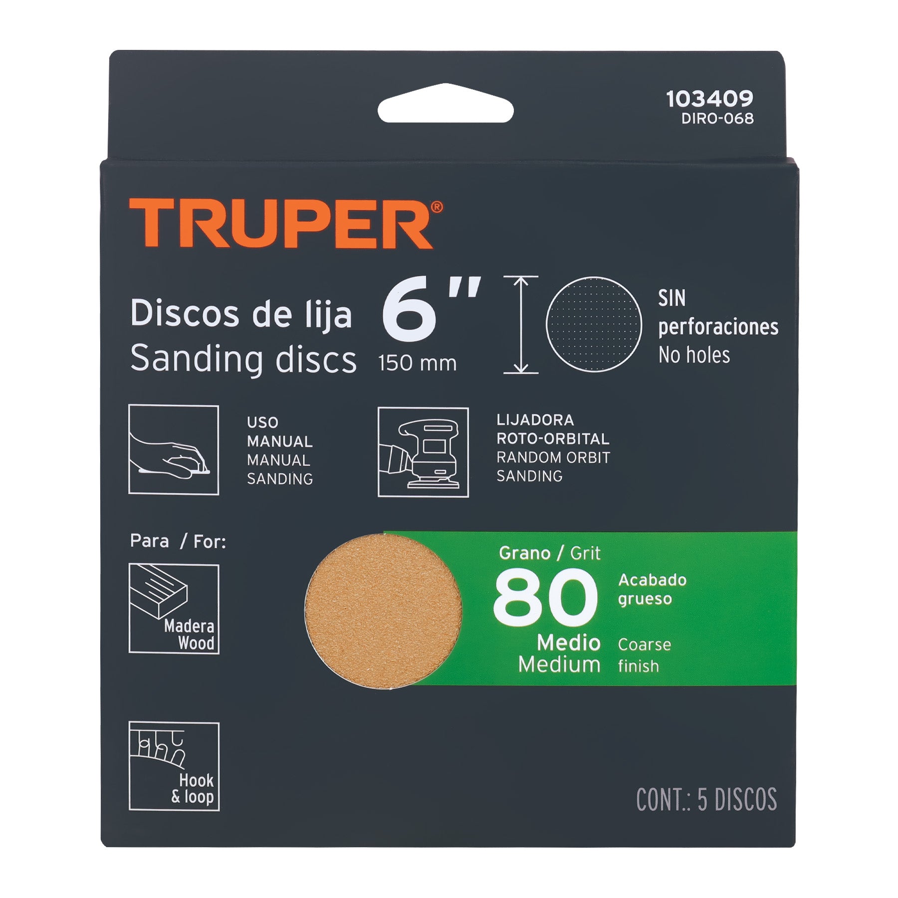 Paquete c/5 discos de lija 6" grano 80 ciegos