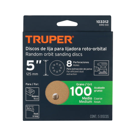 Paquete con 5 discos de lija 5" grano 100 8 perforaciones