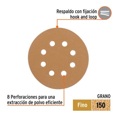 Paquete con 5 discos de lija 5" grano 150 8 perforaciones