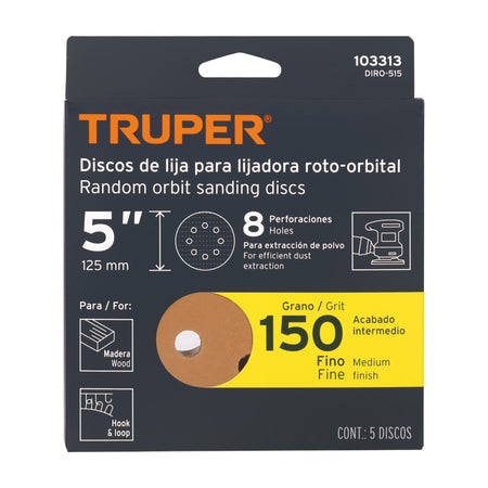 Paquete con 5 discos de lija 5" grano 150 8 perforaciones