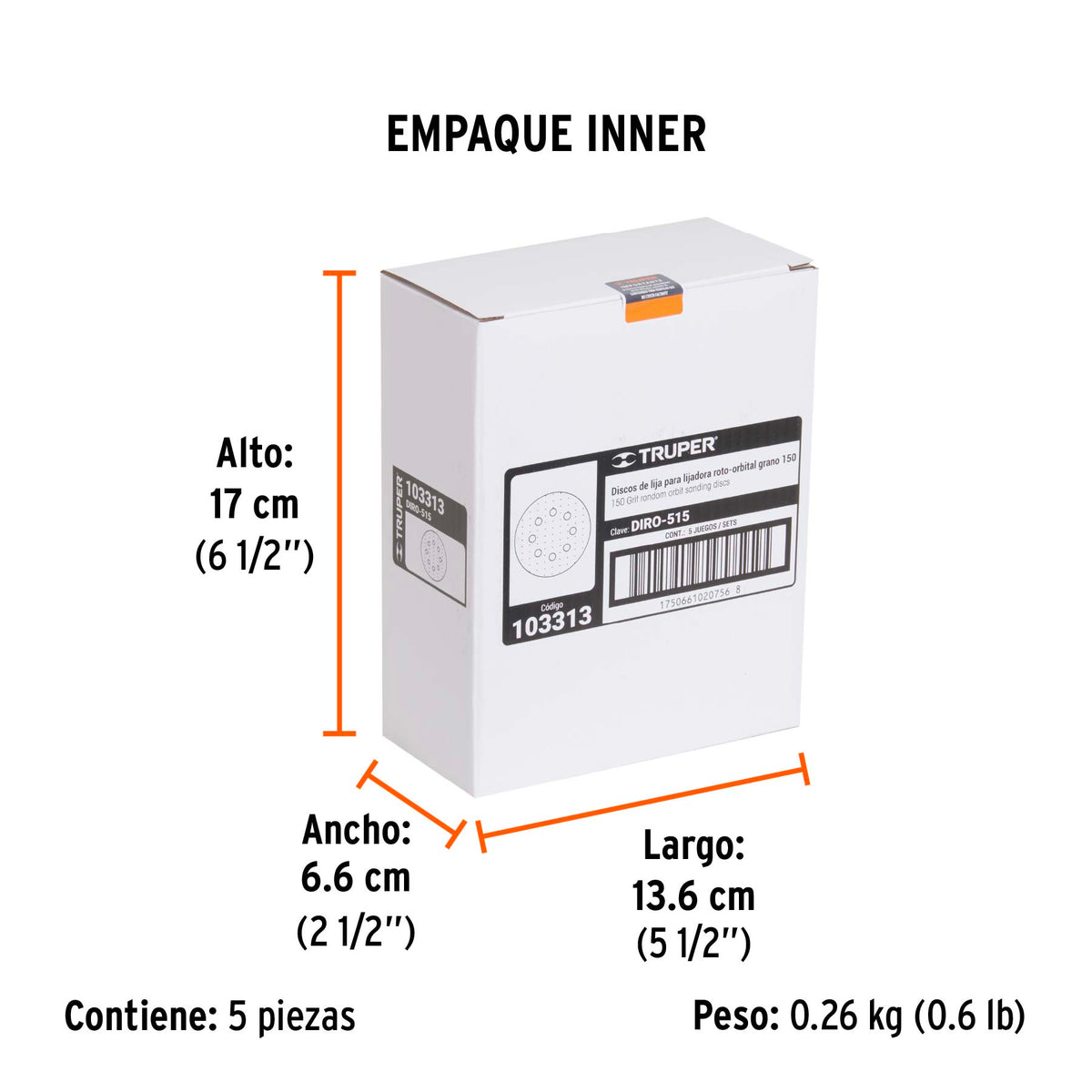 Paquete con 5 discos de lija 5" grano 150 8 perforaciones
