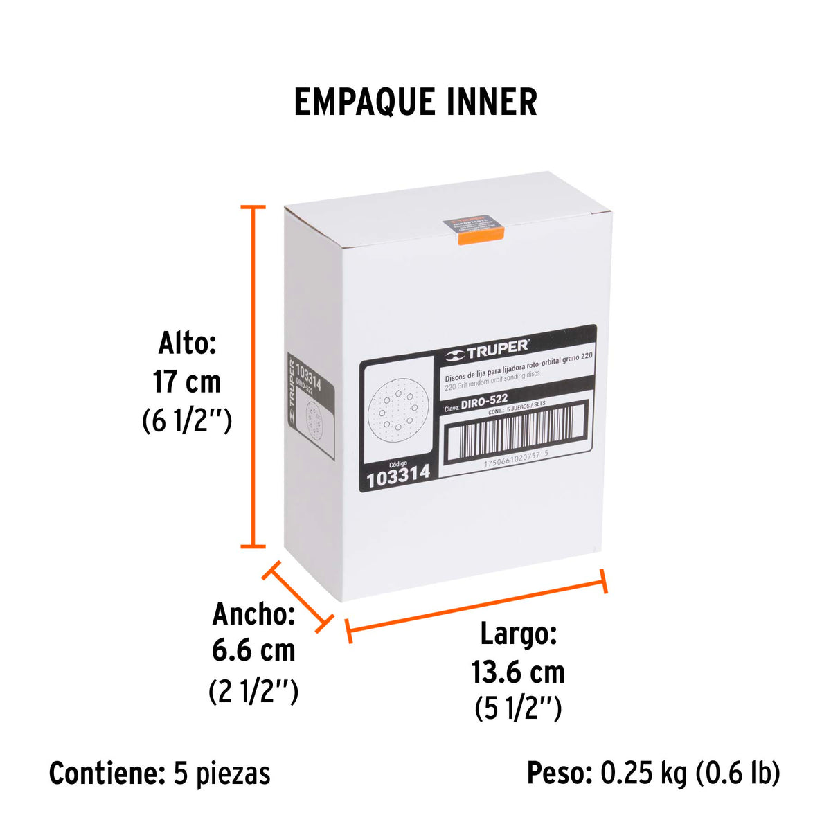 Paquete con 5 discos de lija 5" grano 220 8 perforaciones