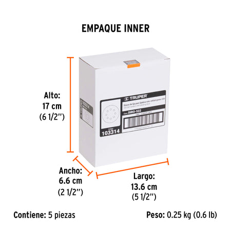 Paquete con 5 discos de lija 5" grano 220 8 perforaciones