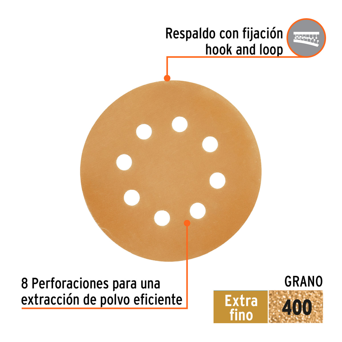 Paquete con 5 discos de lija 5" grano 400 8 perforaciones
