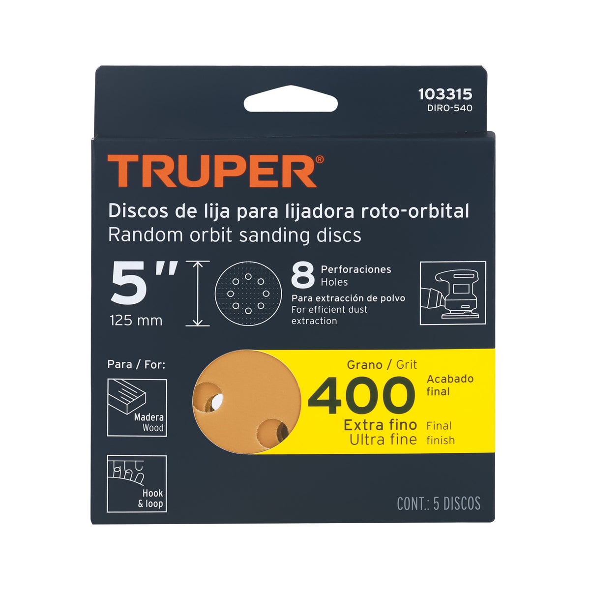 Paquete con 5 discos de lija 5" grano 400 8 perforaciones