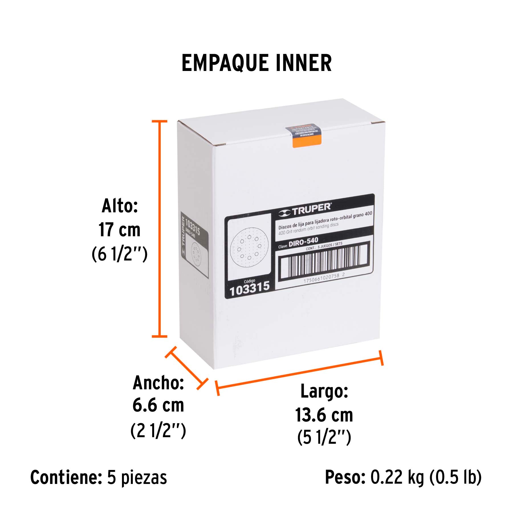 Paquete con 5 discos de lija 5" grano 400 8 perforaciones