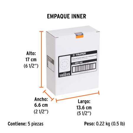 Paquete con 5 discos de lija 5" grano 400 8 perforaciones