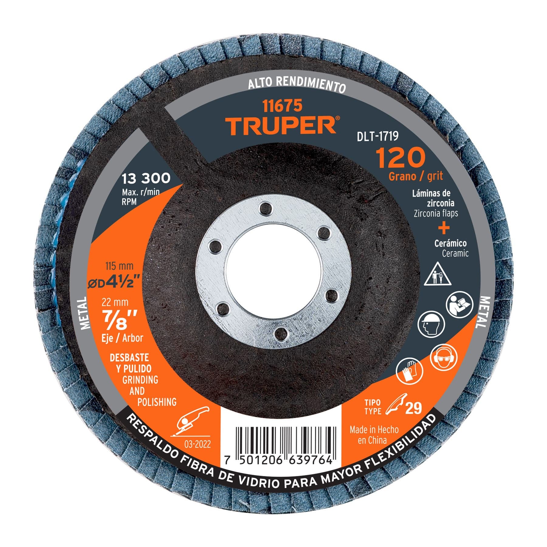 Disco laminado 4-1/2" grano 120 centro 7/8" plasticoTRUPER