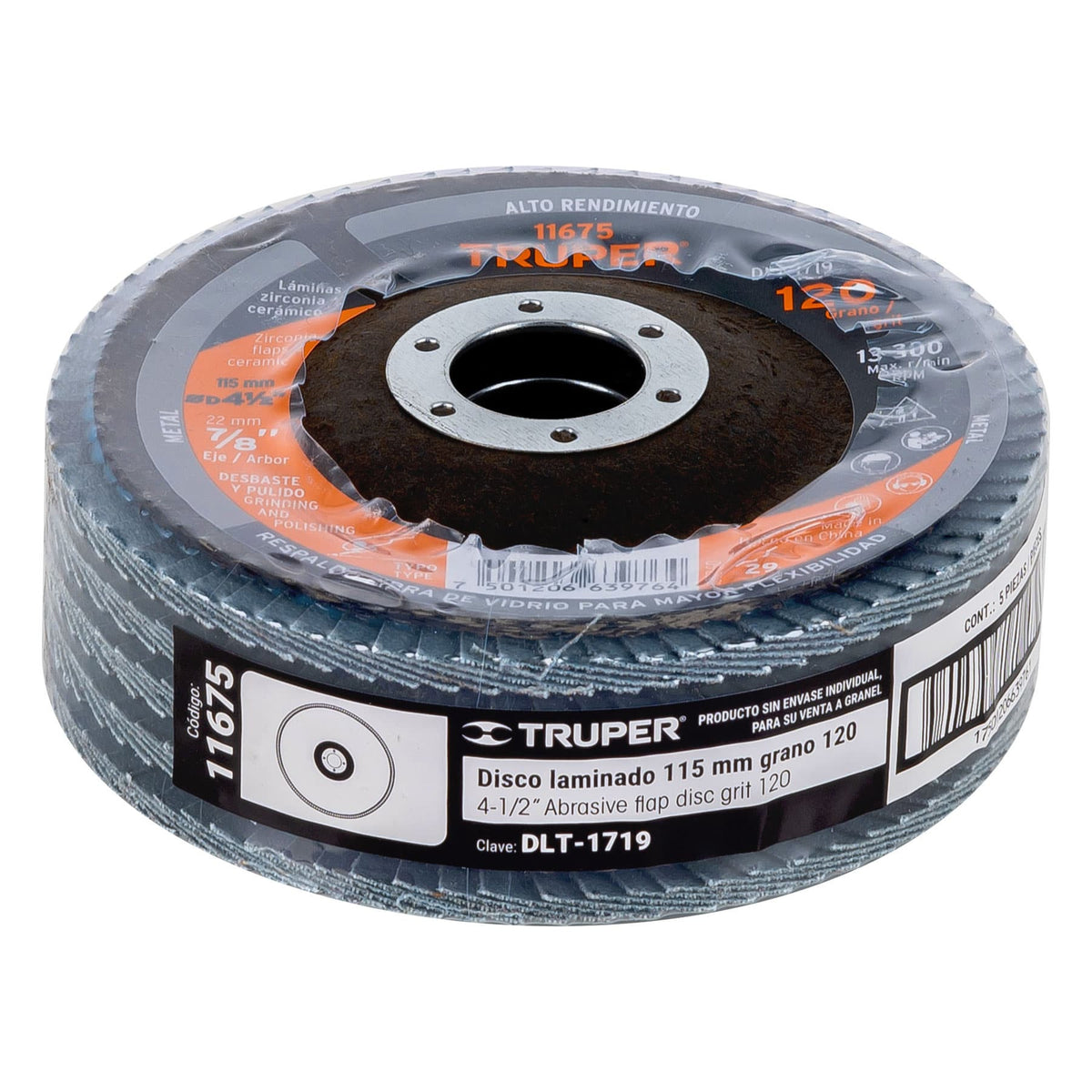 Disco laminado 4-1/2" grano 120 centro 7/8" plasticoTRUPER
