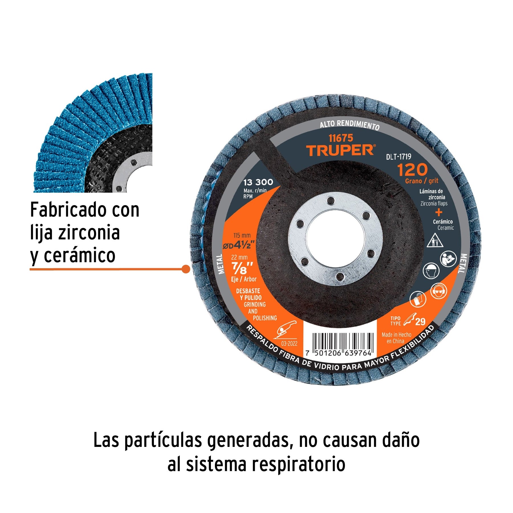 Disco laminado 4-1/2" grano 120 centro 7/8" plasticoTRUPER