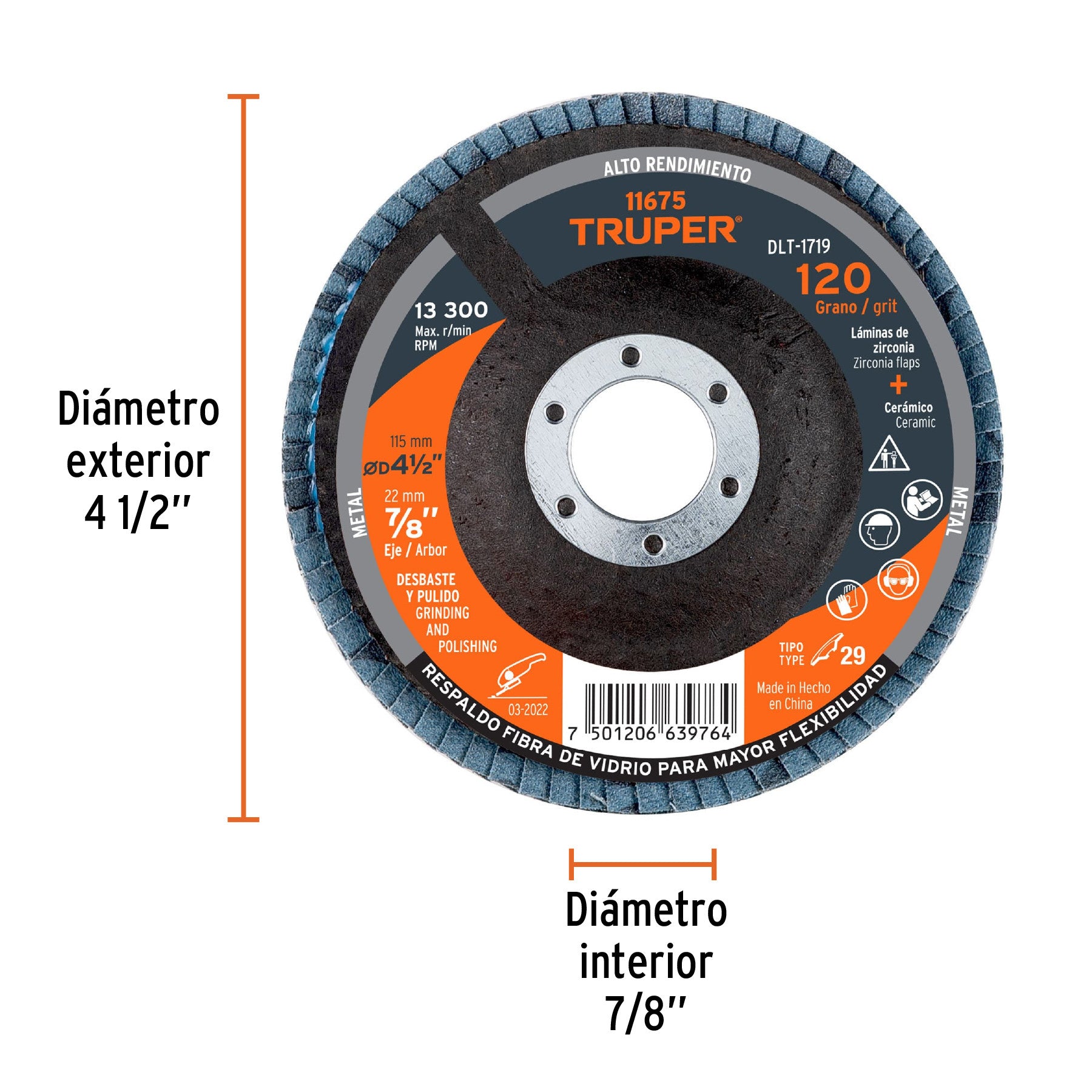Disco laminado 4-1/2" grano 120 centro 7/8" plasticoTRUPER
