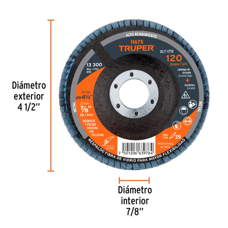 Disco laminado 4-1/2" grano 120 centro 7/8" plasticoTRUPER