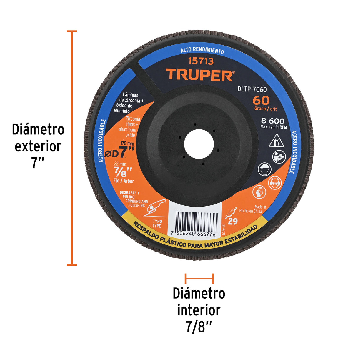 Disco laminado grano 60 centro plastico TRUPER 4-1/2"