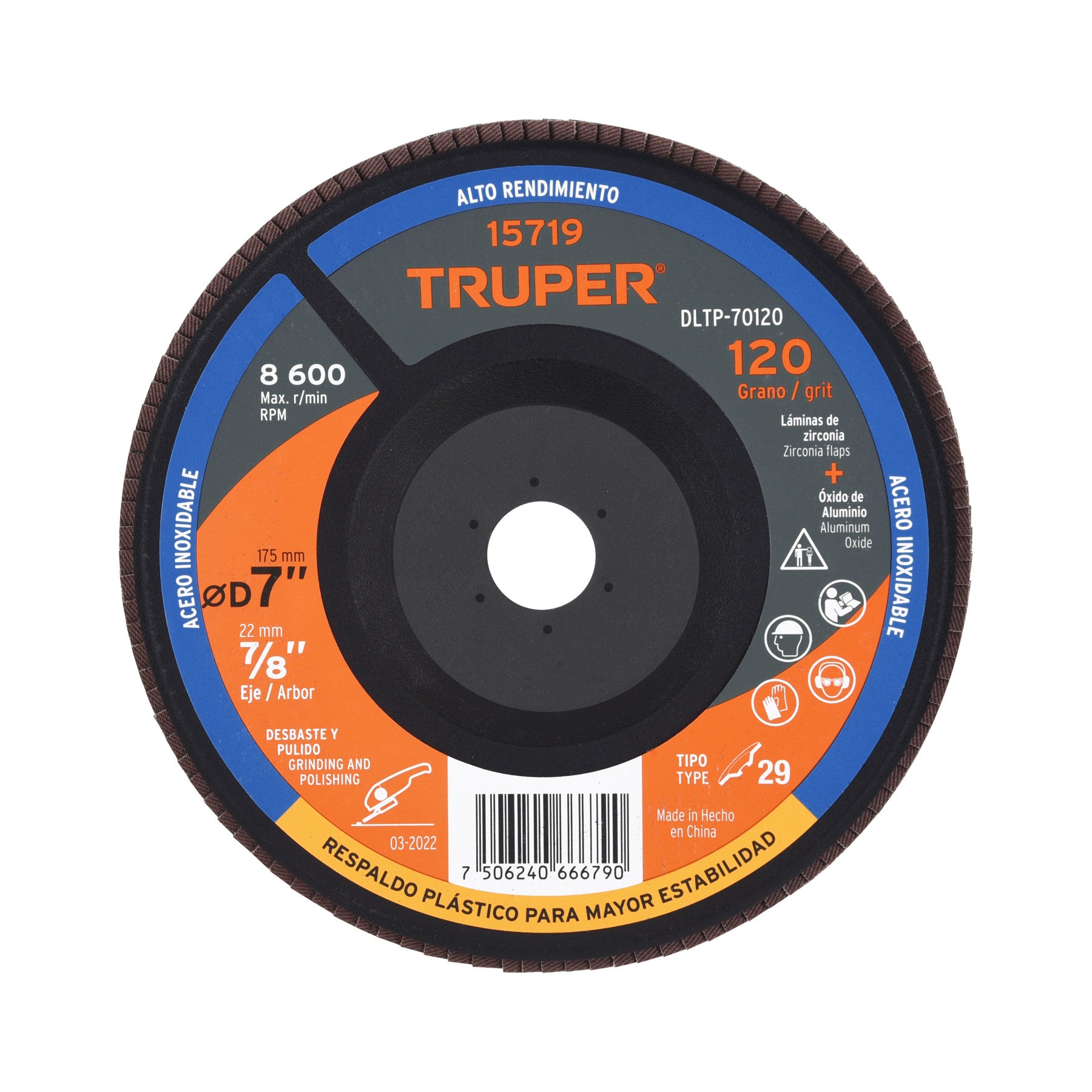 Disco laminado 7" grano 120 centro 7/8" plastico TRUPER