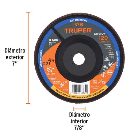 Disco laminado 7" grano 120 centro 7/8" plastico TRUPER