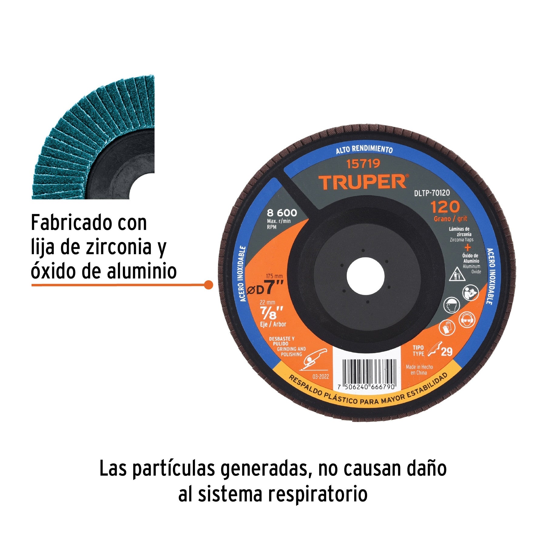 Disco laminado 7" grano 120 centro 7/8" plastico TRUPER
