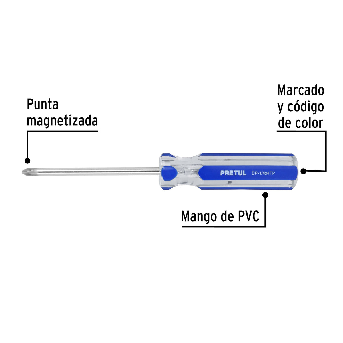 Desarmador de cruz 1/4 x 4' mango de PVC, Pretul 4 x 4'