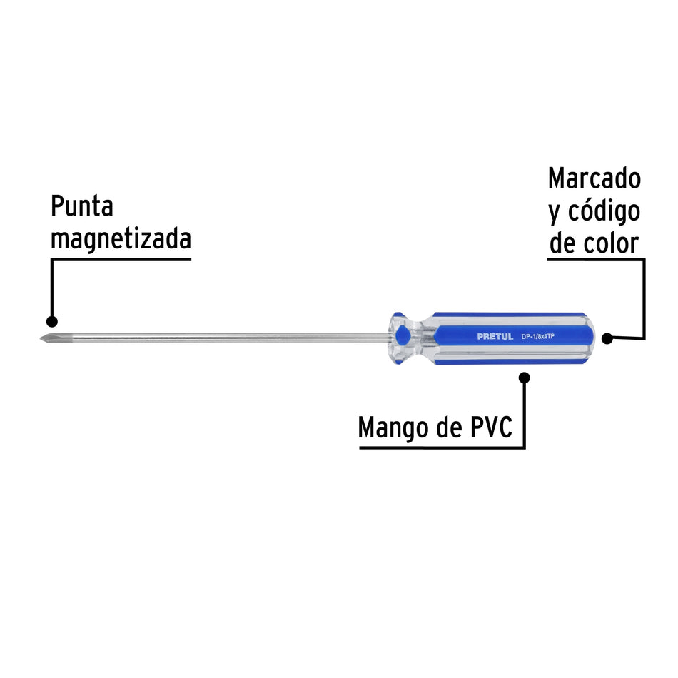 Desarmador de cruz 1/8' x 4' mango de PVC, Pretul