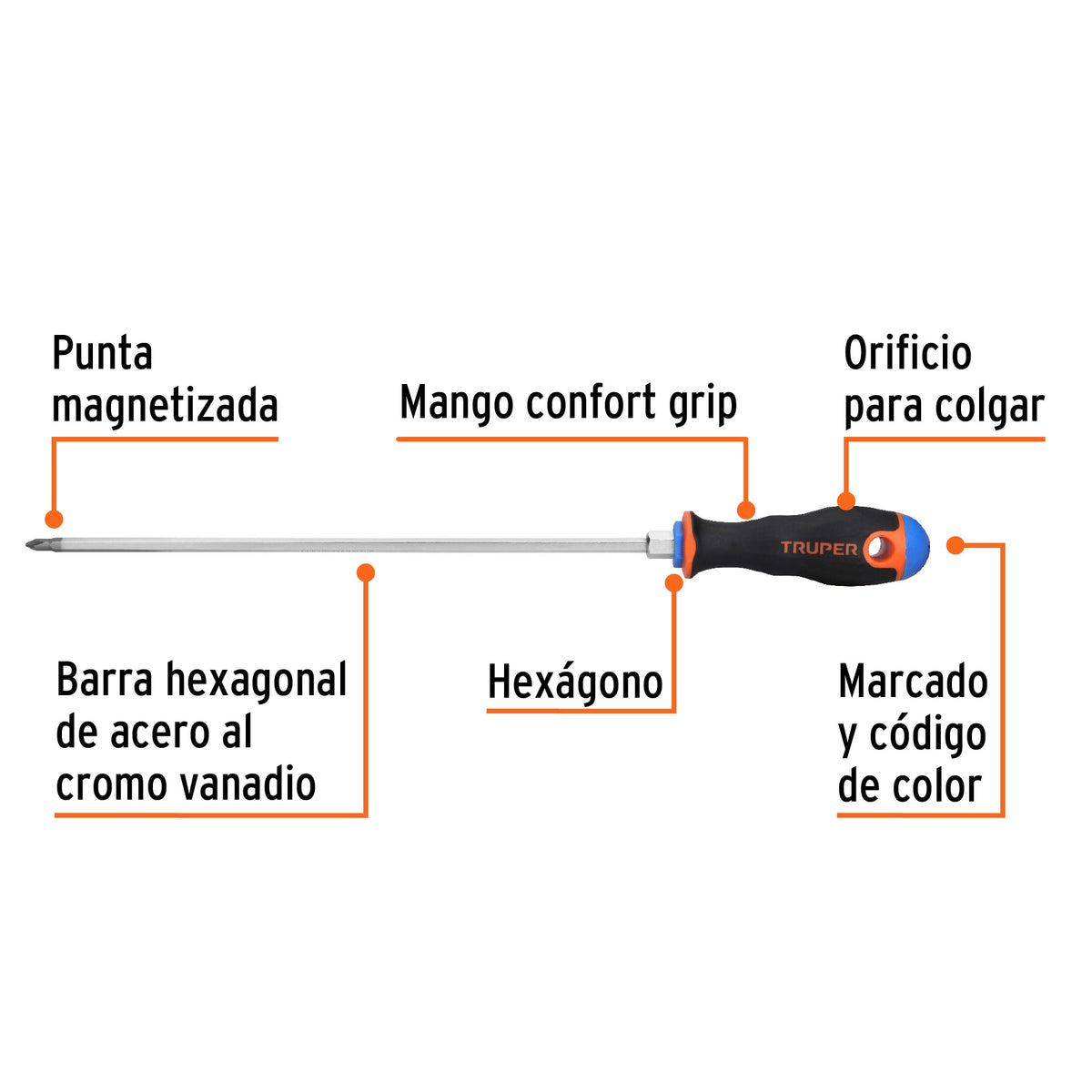Desarmador de cruz 3/16' x 10' mango Comfort Grip, Truper
