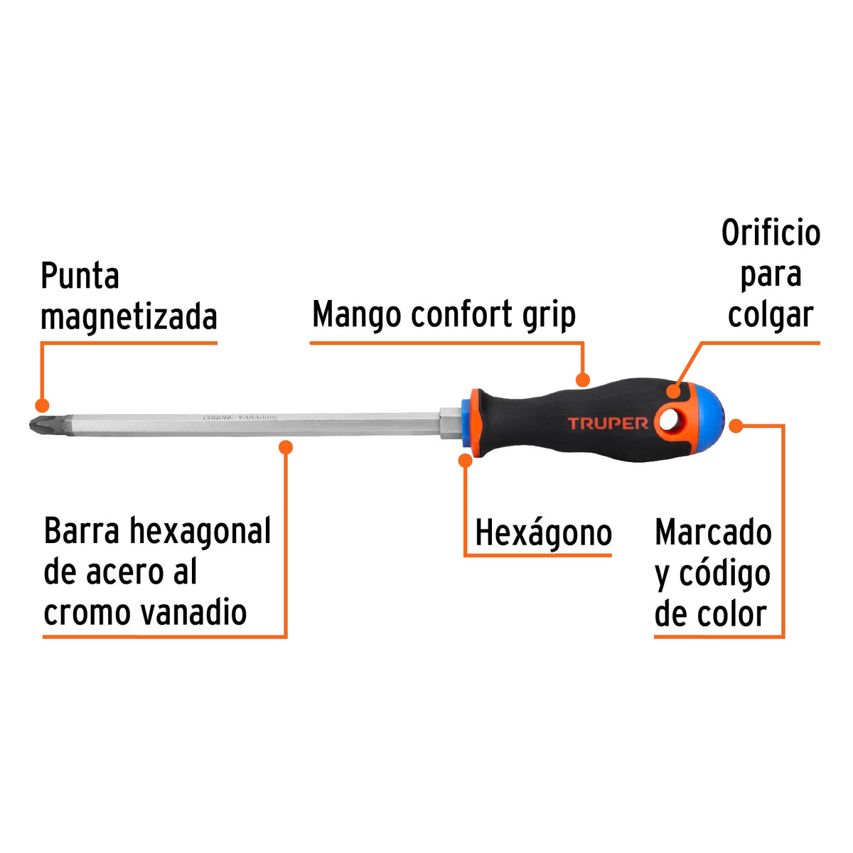 Desarmador de cruz 3/8' x 8' mango Comfort Grip, Truper