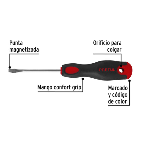 Desarmador plano 3/16 x 3' mango Comfort Grip, Pretul 16 x 3'