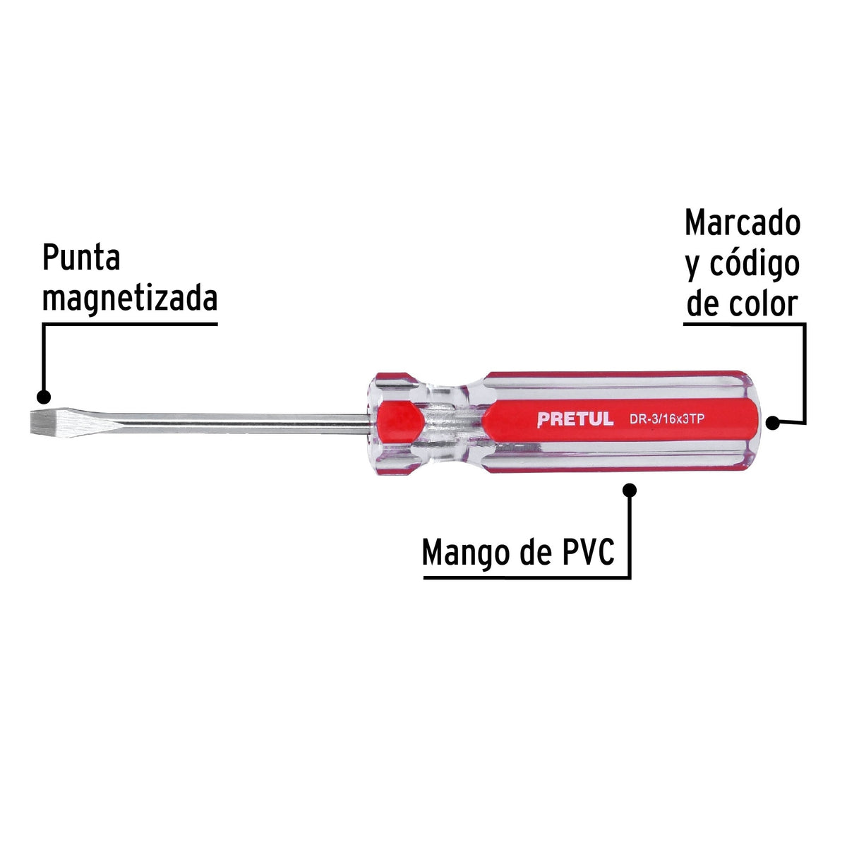 Desarmador plano 3/16 x 3' mango de PVC, Pretul 16 x 3'