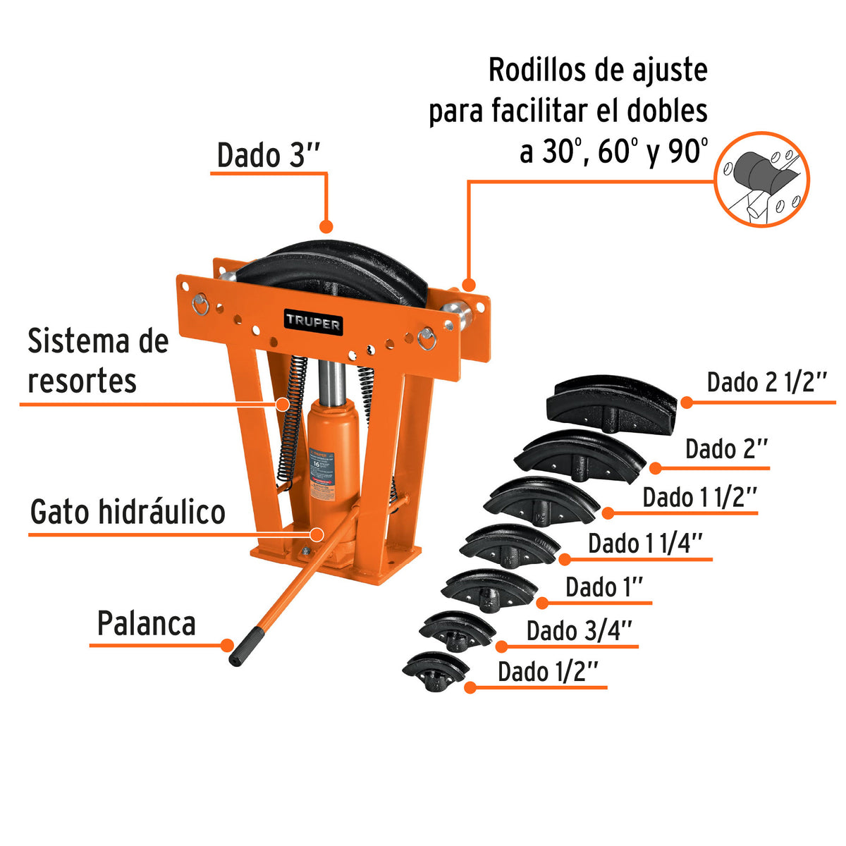 Doblador hidráulico para tubo, 16 ton, Truper