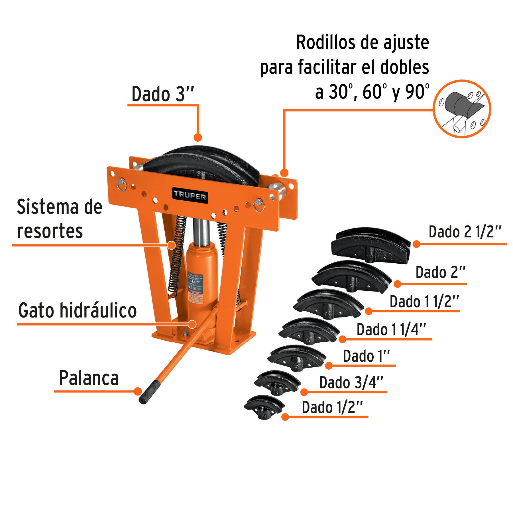 Doblador hidráulico para tubo, 16 ton, Truper