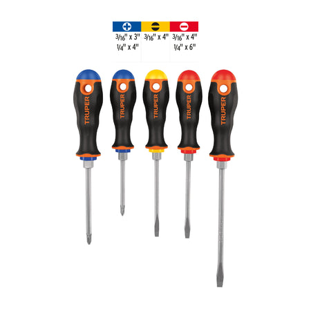 Juego de 5 desarmadores mango Comfort Grip, Truper