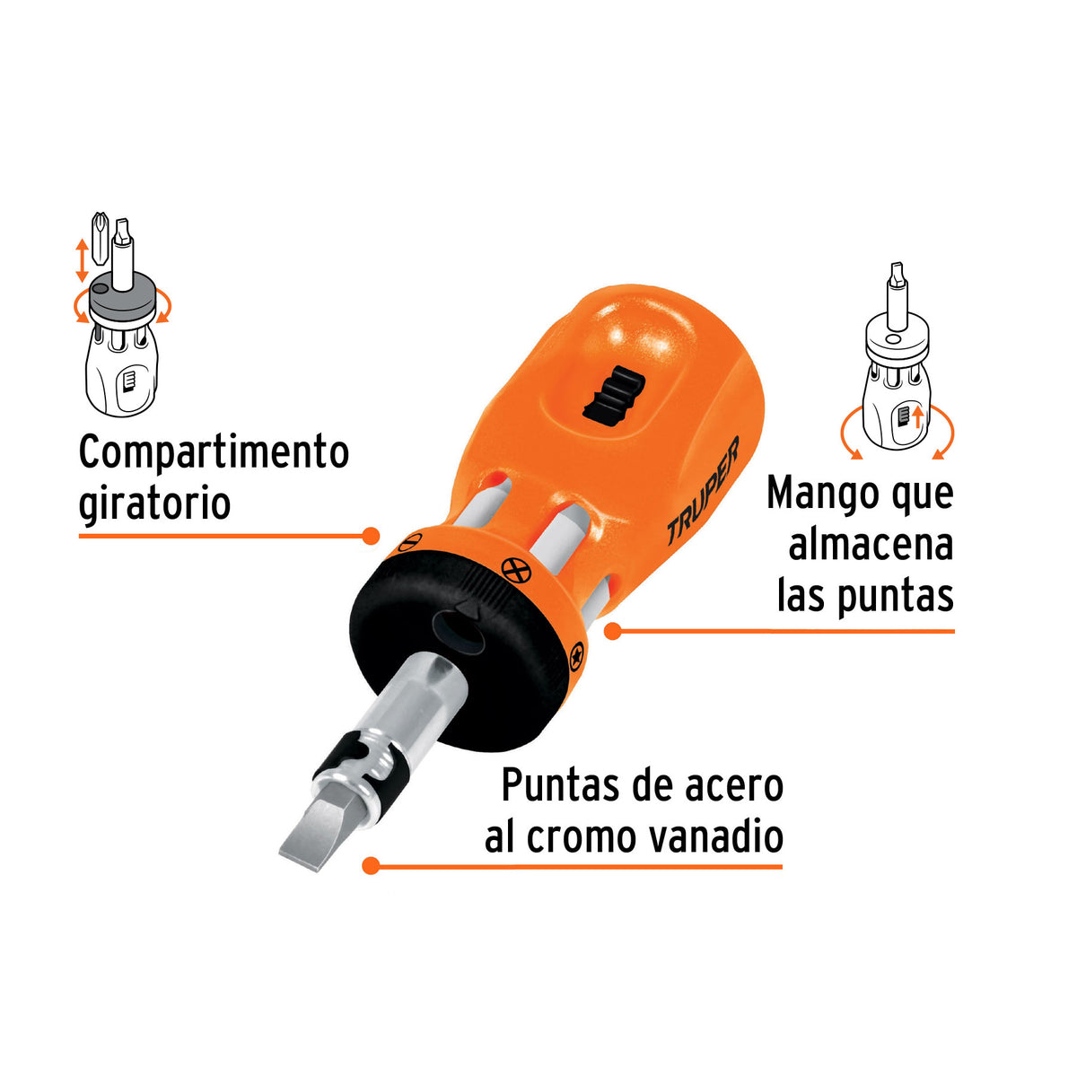 Desarmador tipo trompo con matraca, 6 puntas dobles, blíster