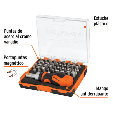 Desarmador tipo trompo con matraca y 36 puntas, Truper