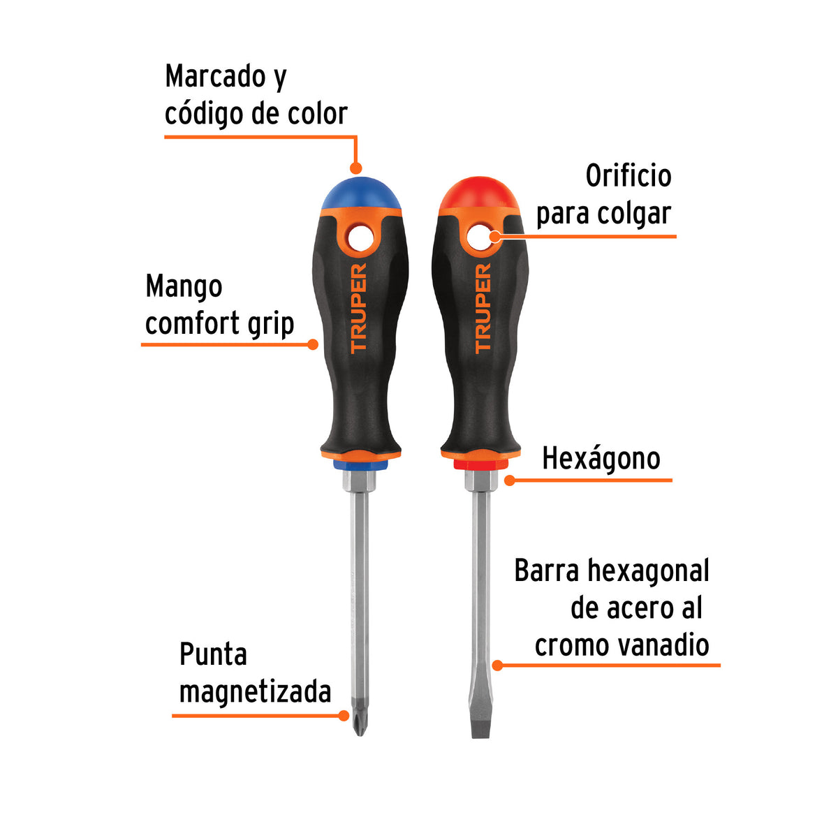 Dúo de desarmadores 1/4' x 4' mango Comfort Grip, Truper 1/4', 4'