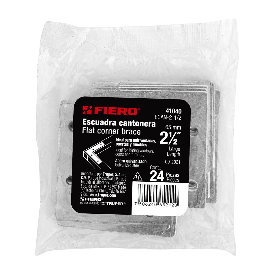 Bolsa c/24 escuadras planas cantoneras 2-1/2'x2-1/2', FIERO