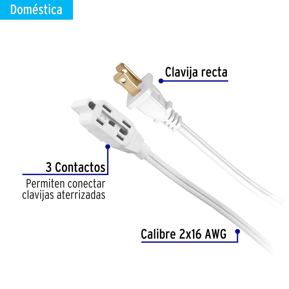 Extensión eléctrica doméstica 10 m clavija recta, blanca