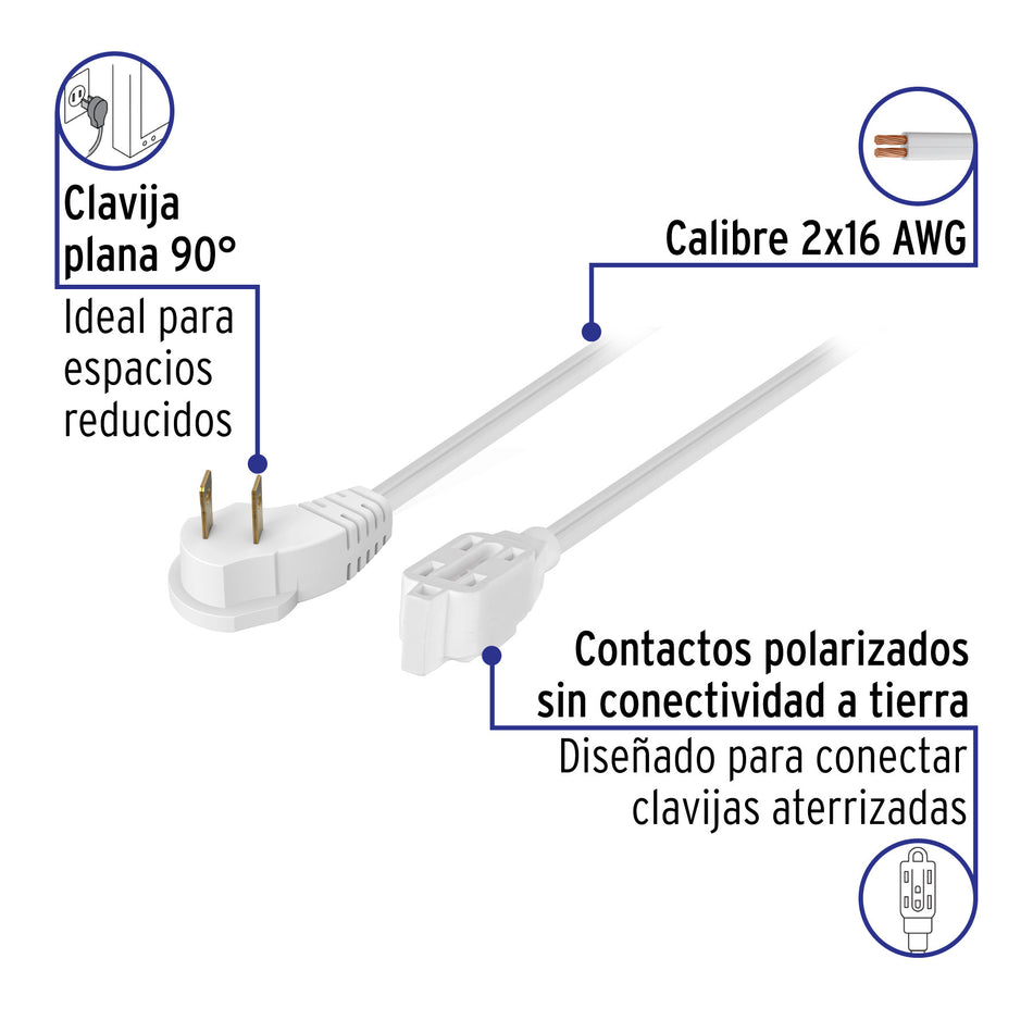 Extensión eléctrica doméstica 10 m clavija plana, blanca 10 m, blanca