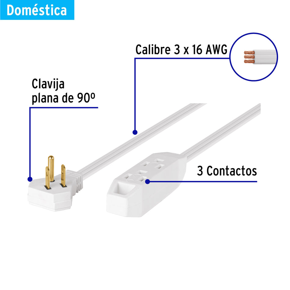 Extensión doméstica aterrizada 10 m blanca con clavija plana