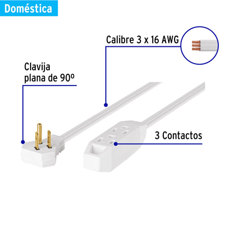 Extensión doméstica aterrizada 5 m blanca con clavija plana