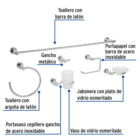 Juego de 6 accesorios para bano acabado cromo FOSET ELEMENT