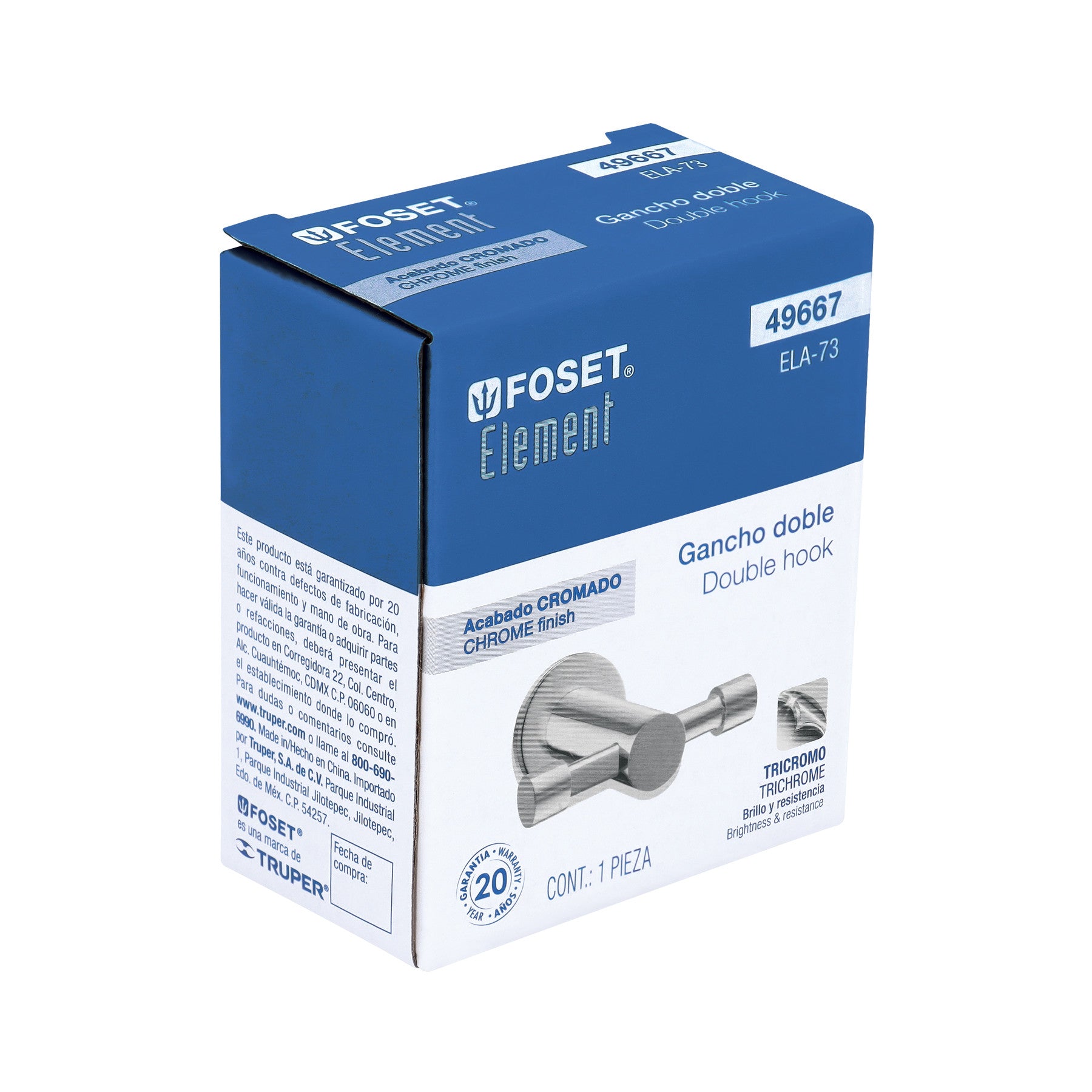 Gancho doble metalico cromo para toallas FOSET ELEMENT