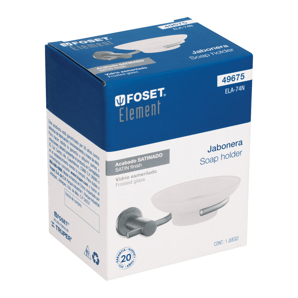 Jabonera metálica satín con plato de vidrio, FOSET ELEMENT