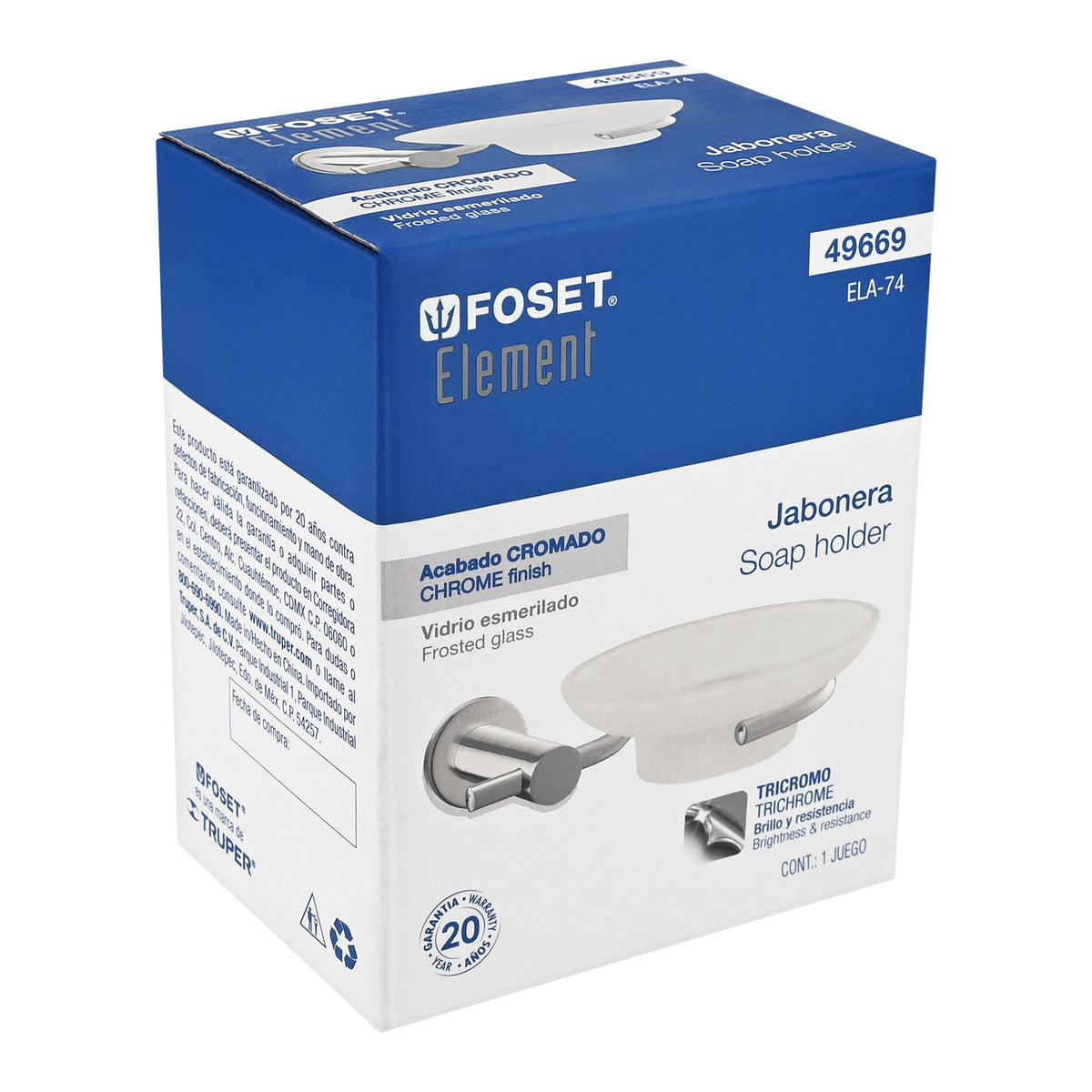Jabonera metálica cromo con plato de vidrio, FOSET ELEMENT