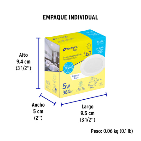 Luminario LED empotrable 5 W 6500 K, redondo, VOLTECK BASIC