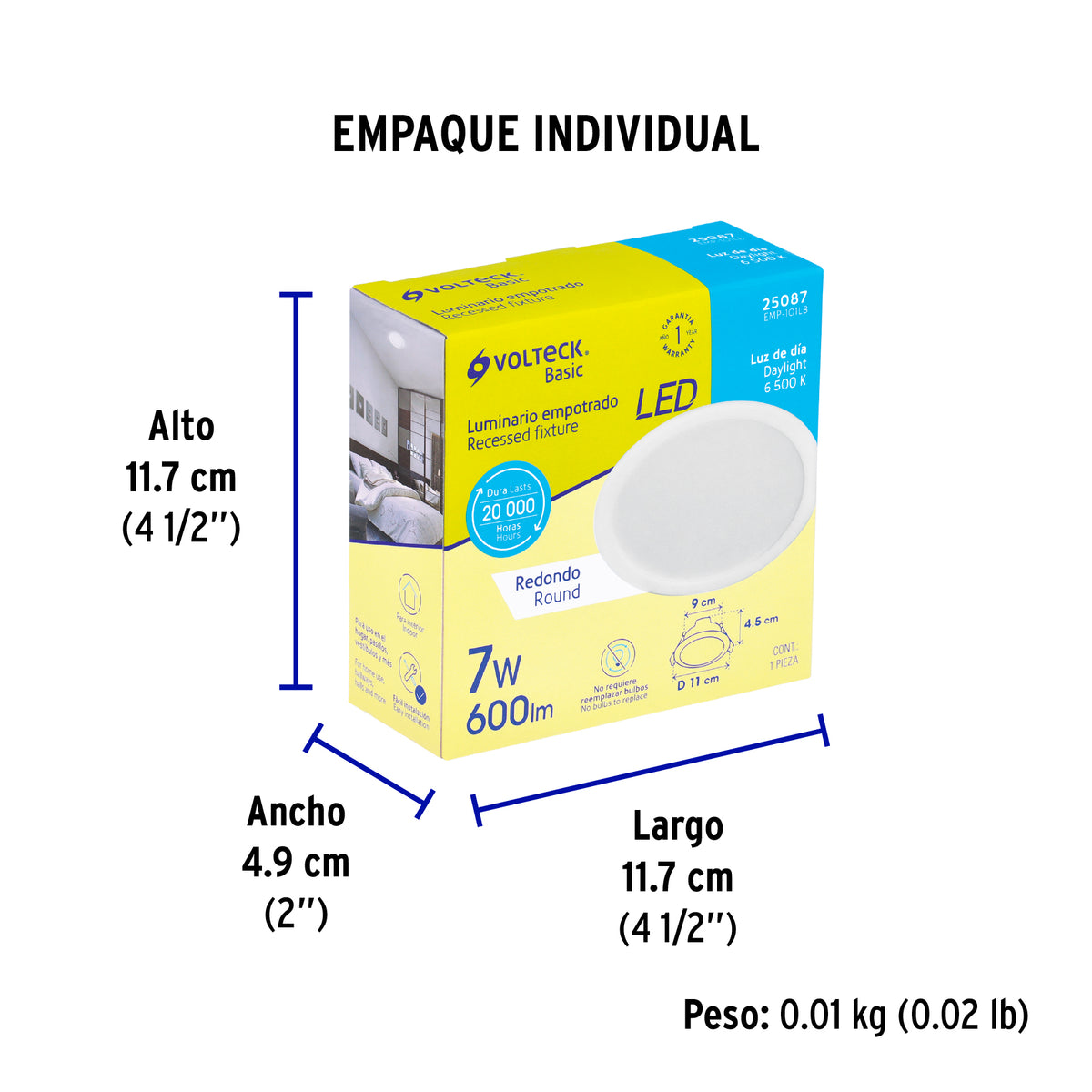 Luminario LED empotrable 7 W 6500 K, redondo, VOLTECK BASIC