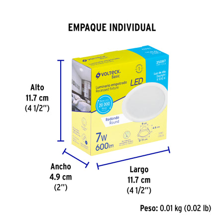 Luminario LED empotrable 7 W 6500 K, redondo, VOLTECK BASIC