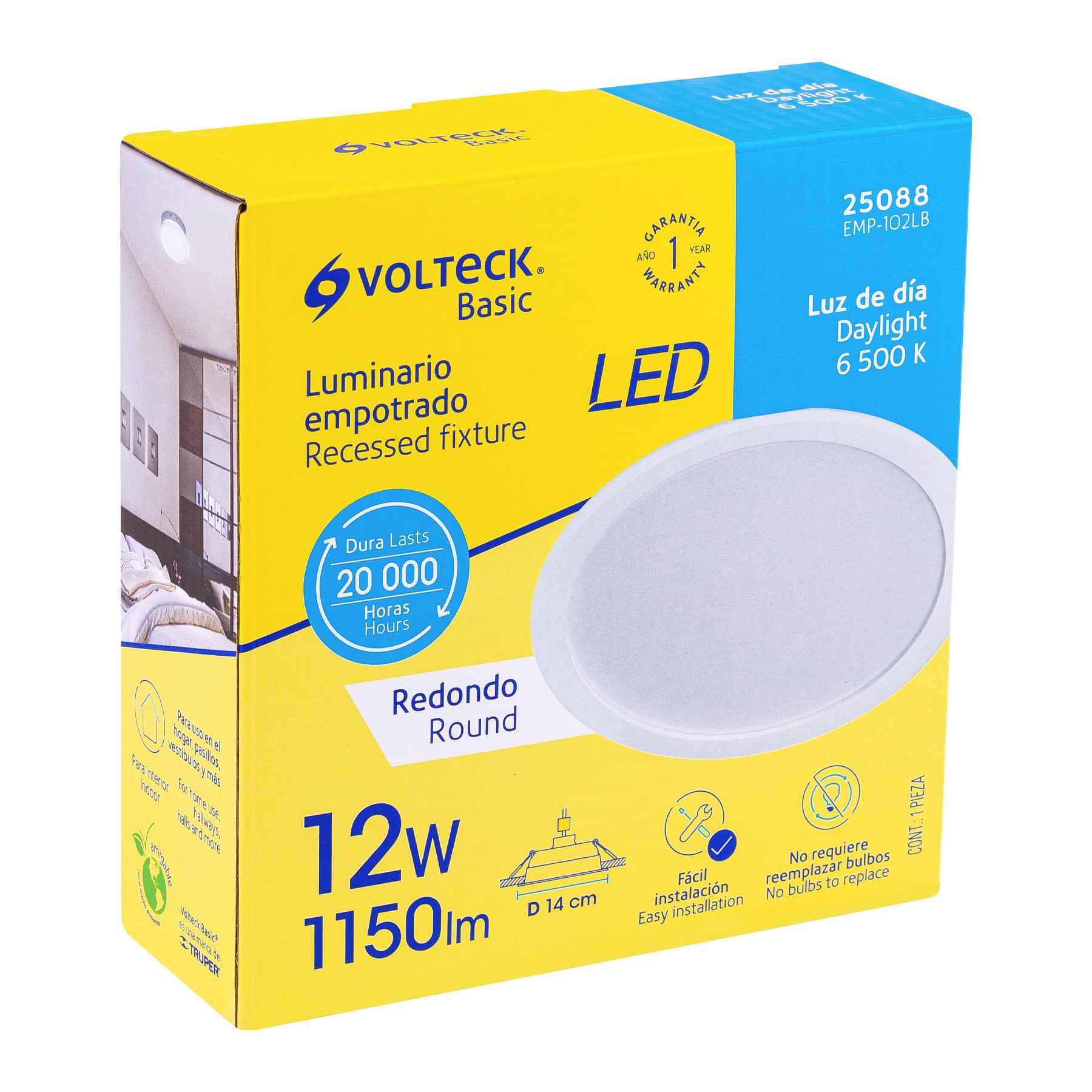 Luminario LED empotrable 12 W 6500 K, redondo, VOLTECK BASIC