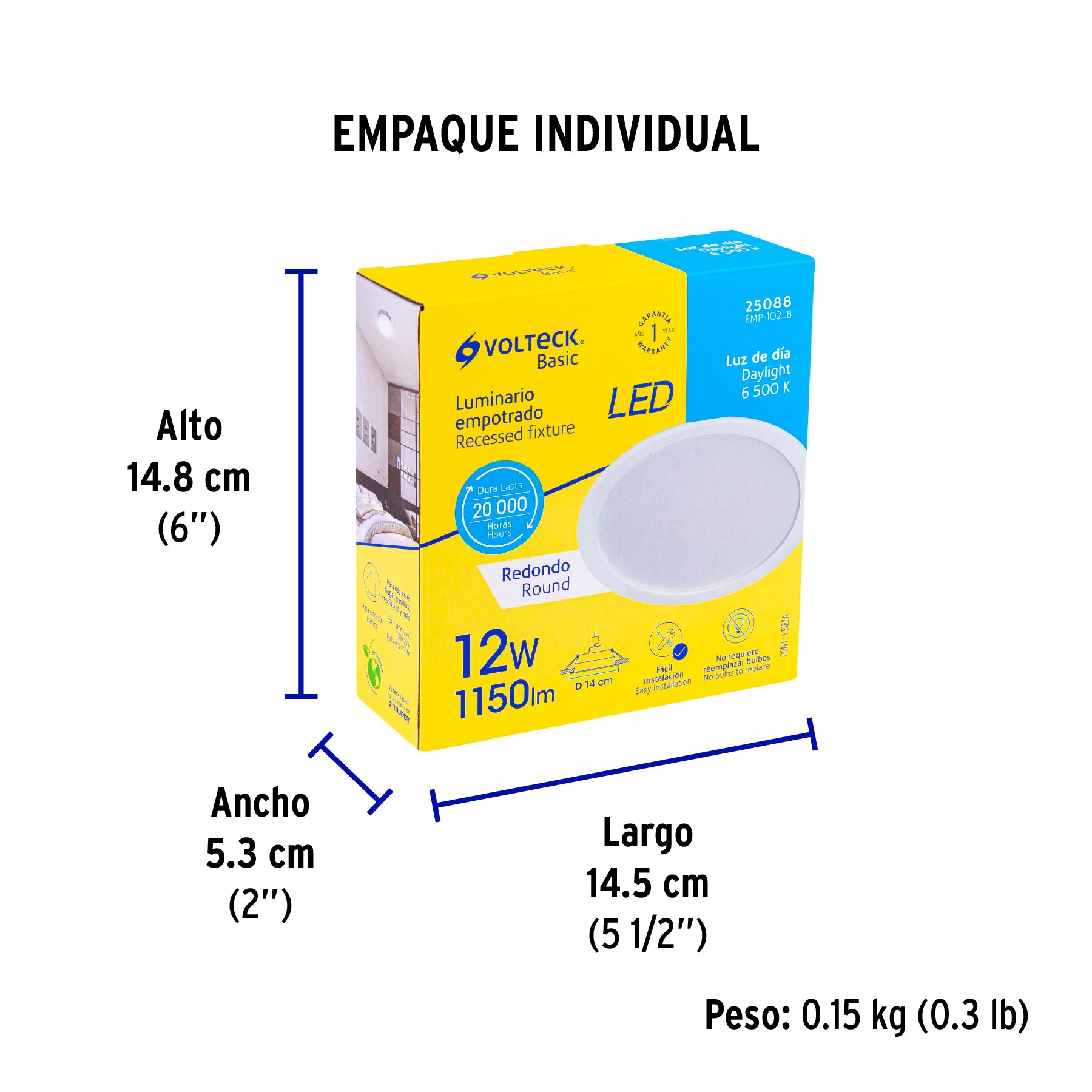 Luminario LED empotrable 12 W 6500 K, redondo, VOLTECK BASIC