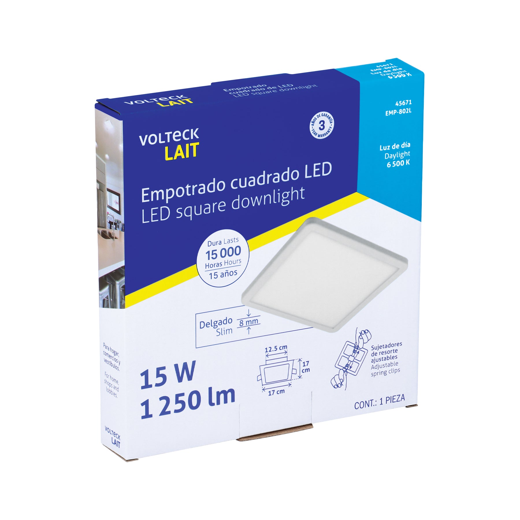 Luminario LED plafón 15W 6500K, ajustable, cuadrado, VOLTECK