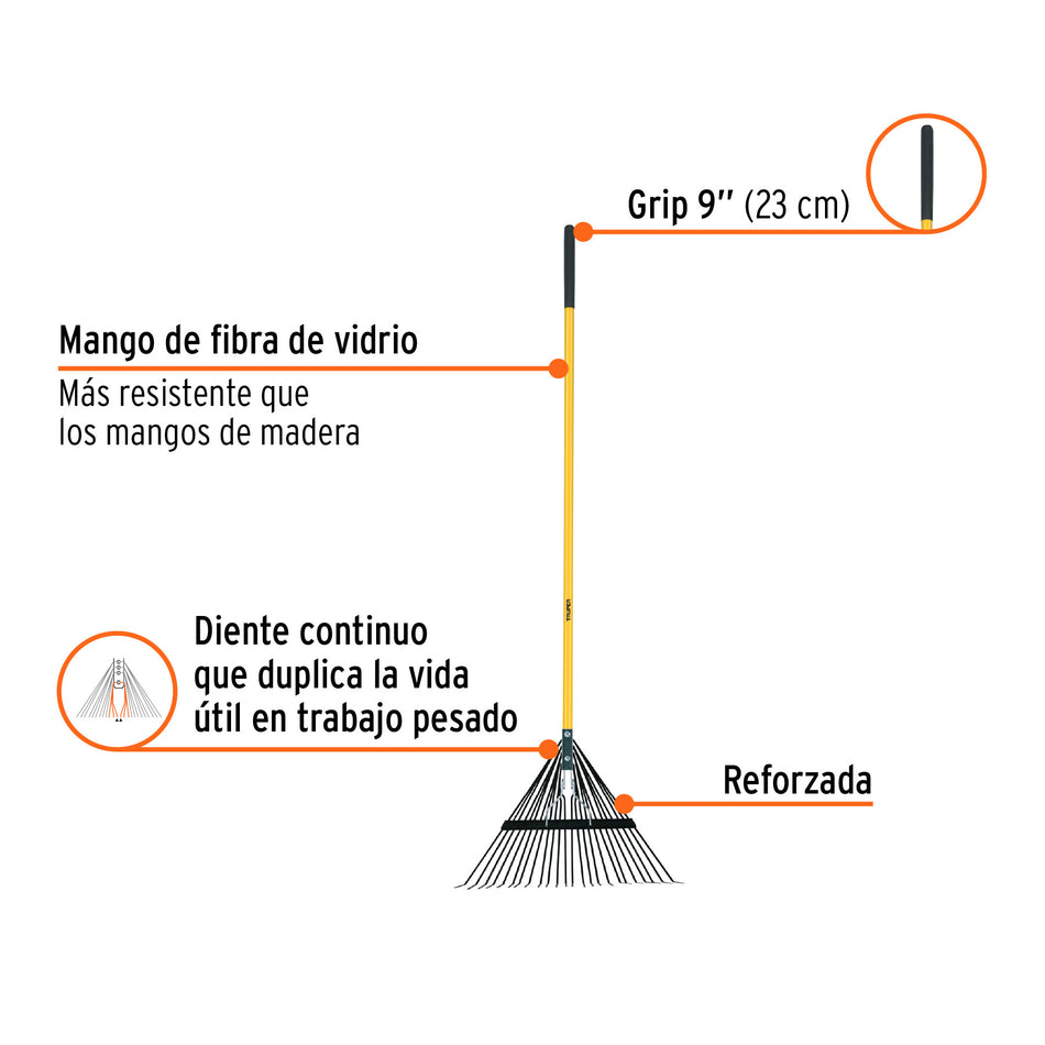 Escoba metálica para jardín, recta, 24 dientes, mango 54'