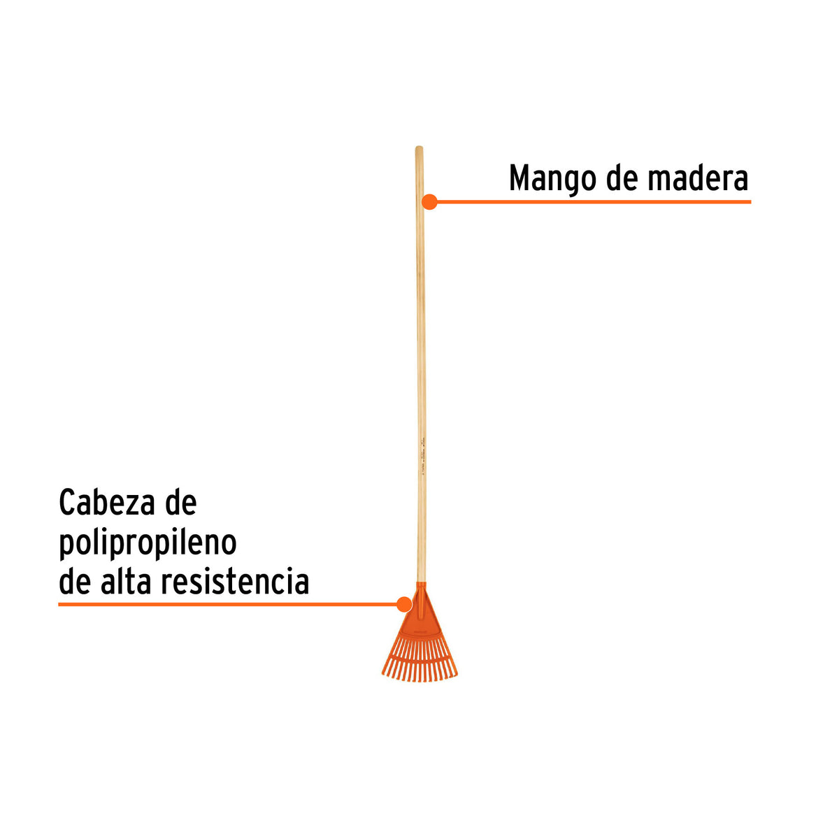 Escoba plástica para jardín, rígida, 15 dientes, mango 48'